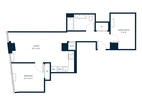 Floor plan for 1 bed, 1 bath, 782 sqft